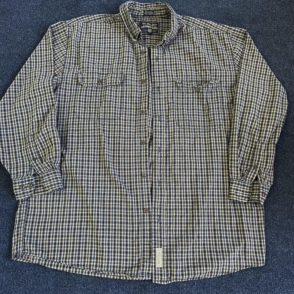 Aeropostale Shirt Mens Large Blue Green Plaid Button Front Long Sleeve Cotton